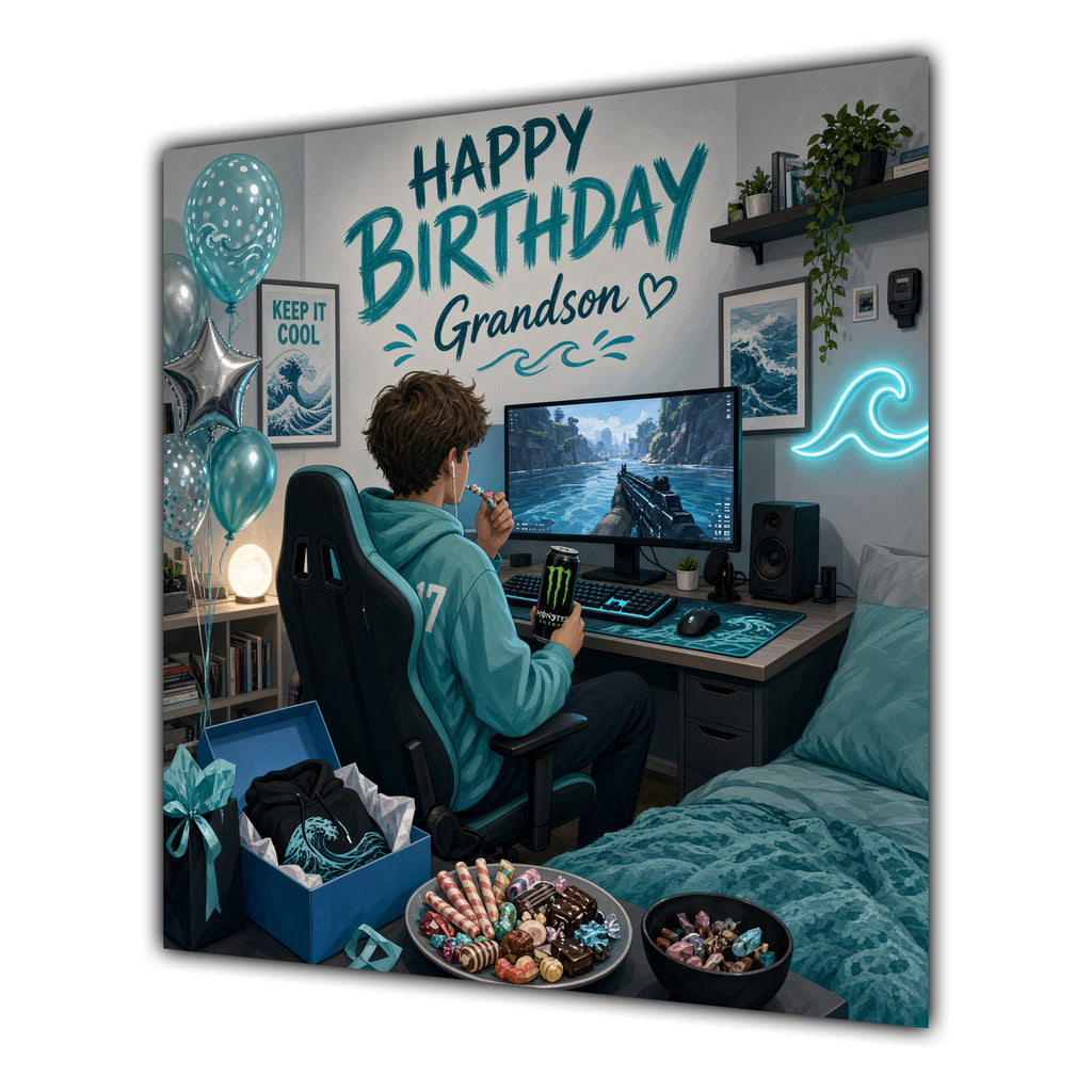 Grandson Birthday Card Gamer Teal Hoodie Gaming Desk