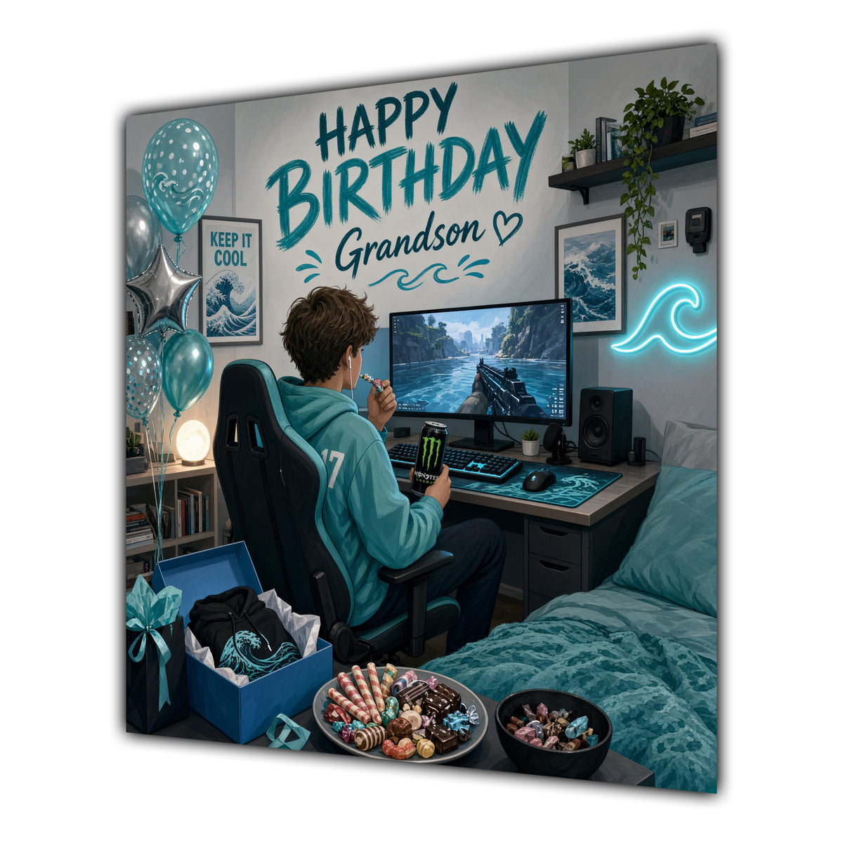 Grandson Birthday Card Gamer Teal Hoodie Gaming Desk
