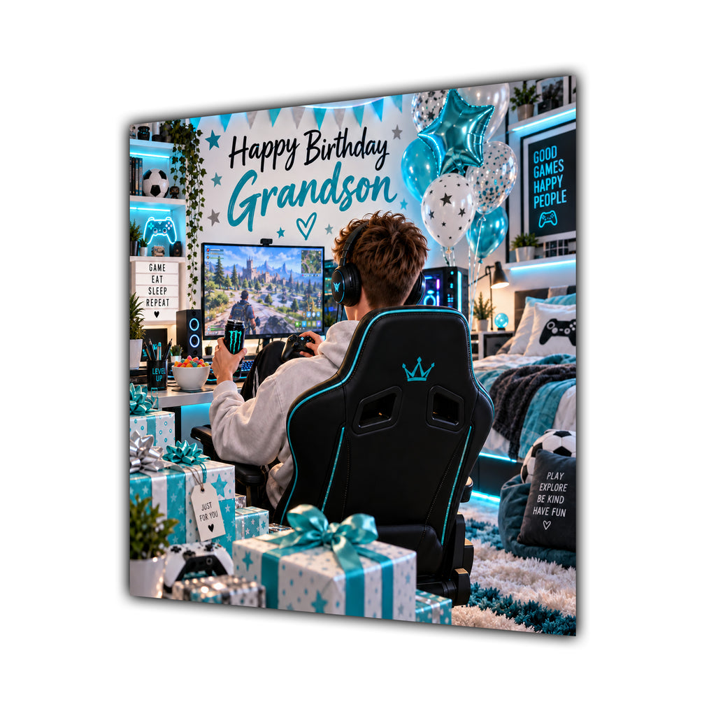 Grandson Birthday Card Gamer Teal Gaming Room