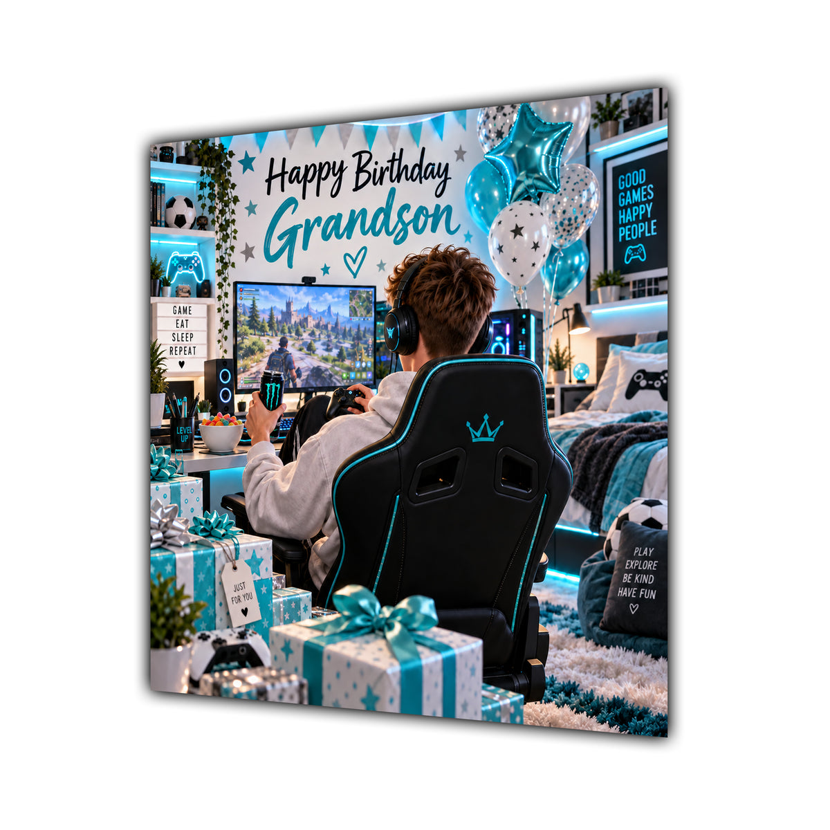 Grandson Birthday Card Gamer Teal Gaming Room