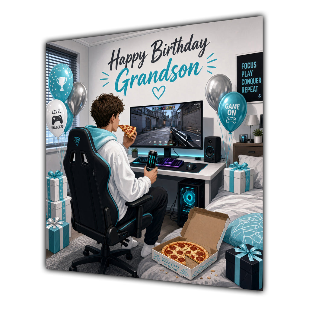 Grandson Birthday Card Gamer White Teal Room Pizza