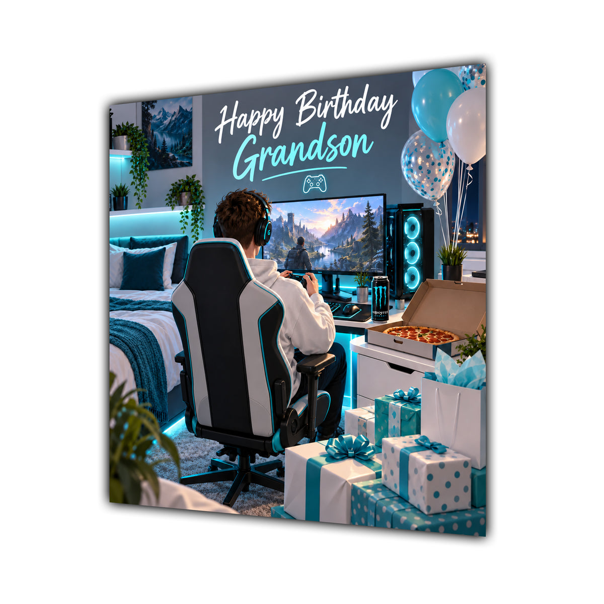 Grandson Birthday Card Gamer Teal White Gaming Chair