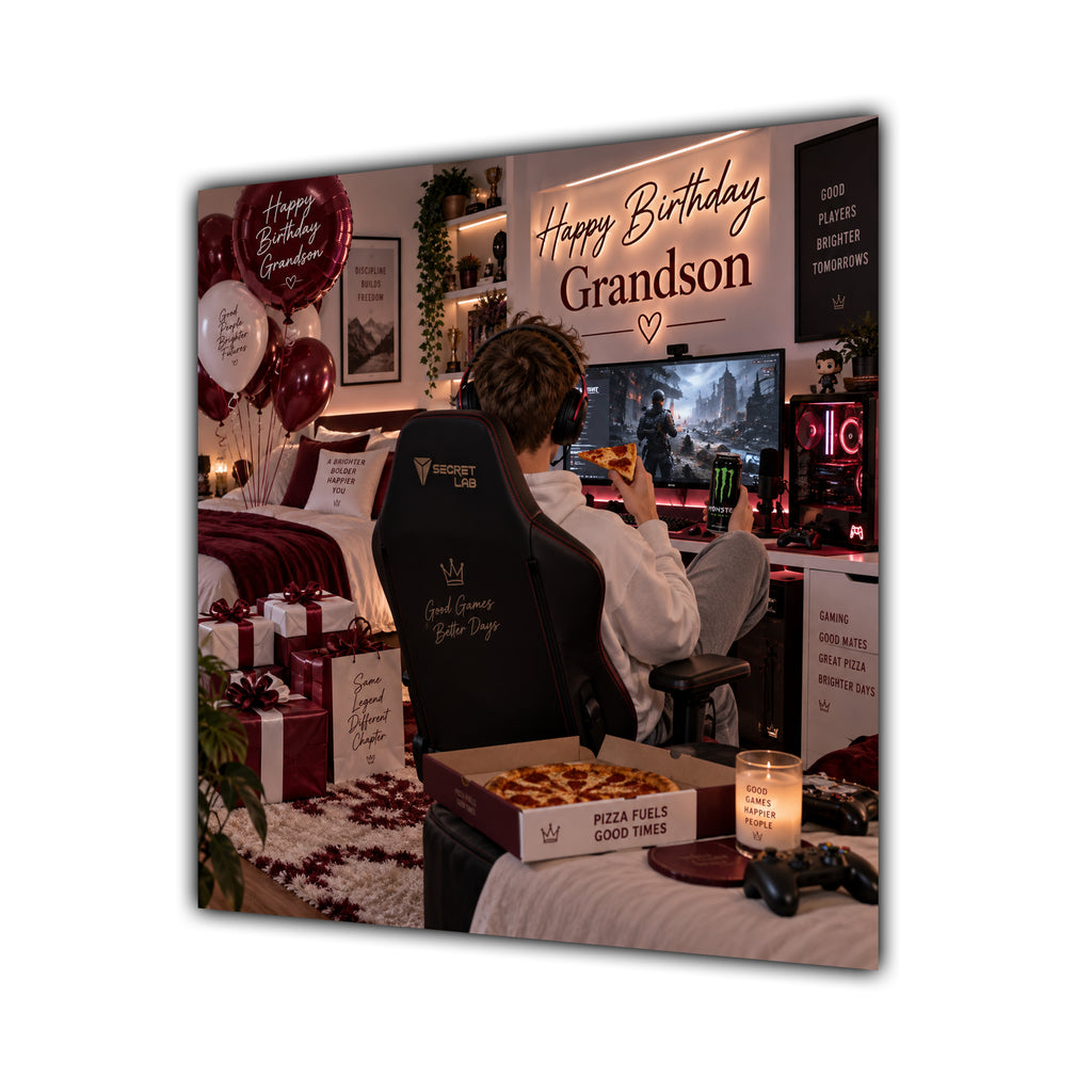 Grandson Birthday Card Gamer Burgundy Cream Gaming Chair