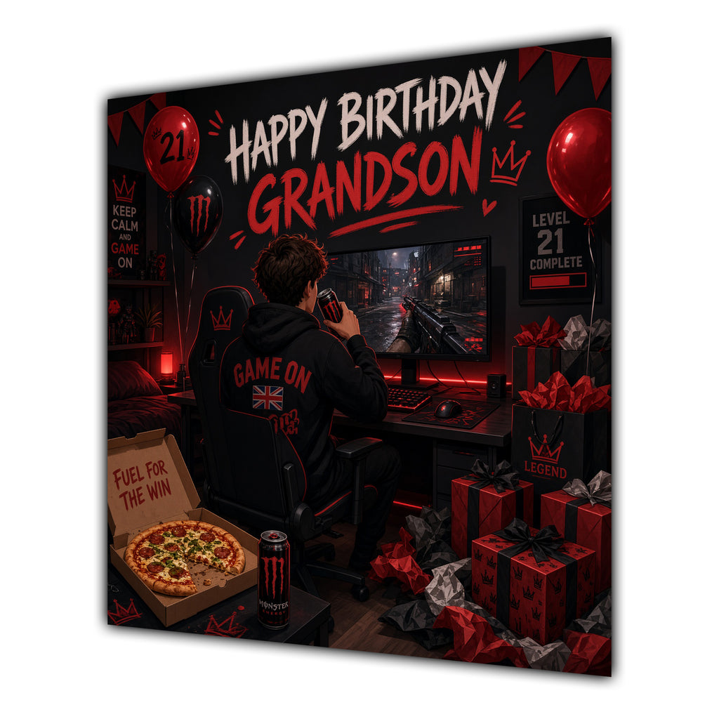 Grandson Birthday Card Gamer 21 Red Black Room