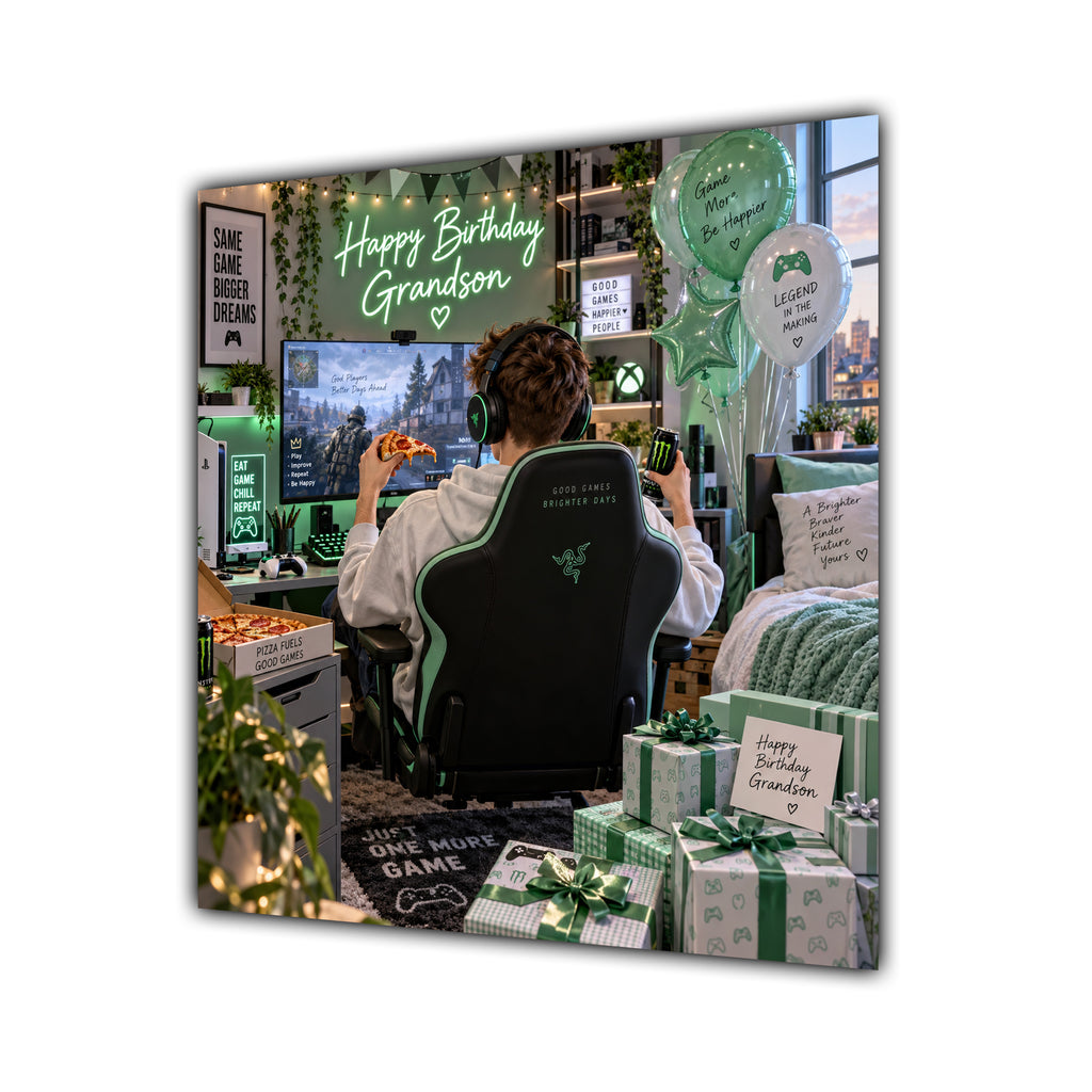 Grandson Birthday Card Gamer Green White Gaming Chair