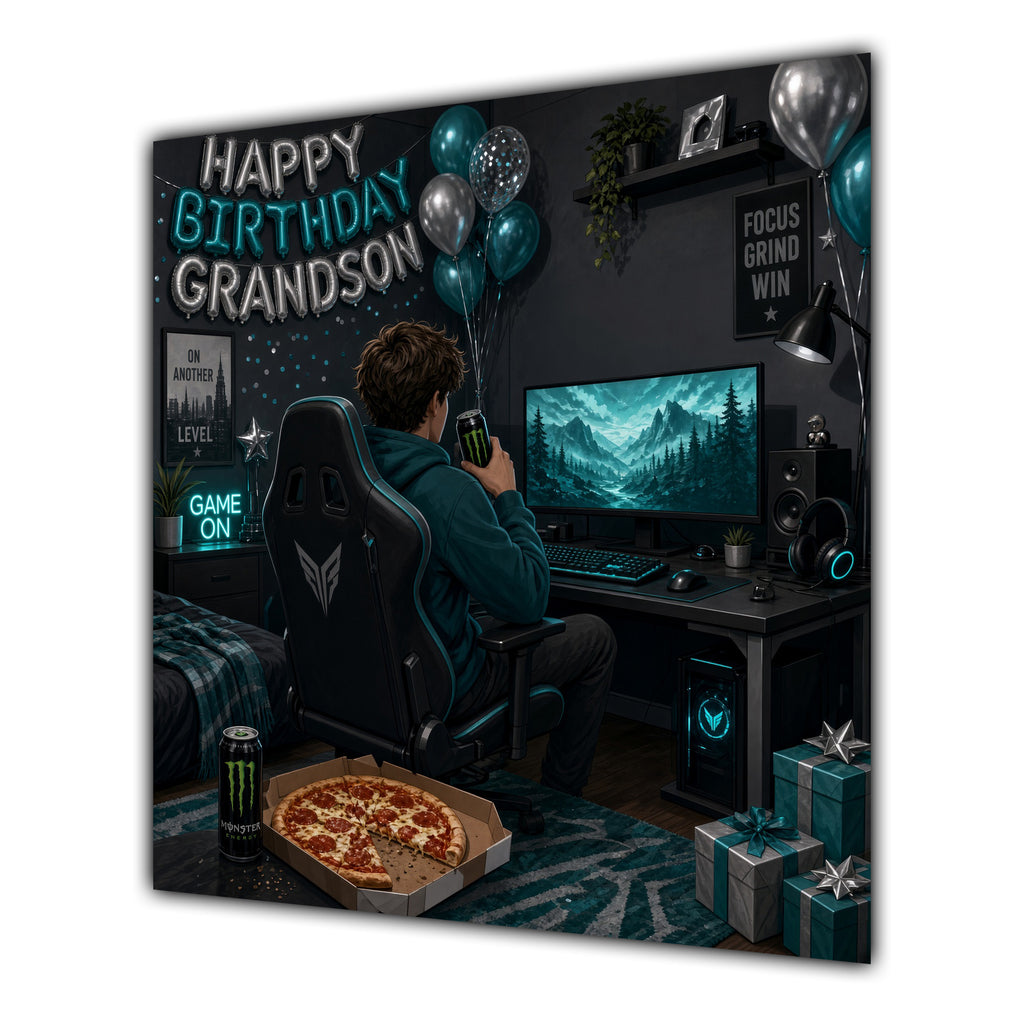 Grandson Birthday Card Gamer Black Teal Room Pizza
