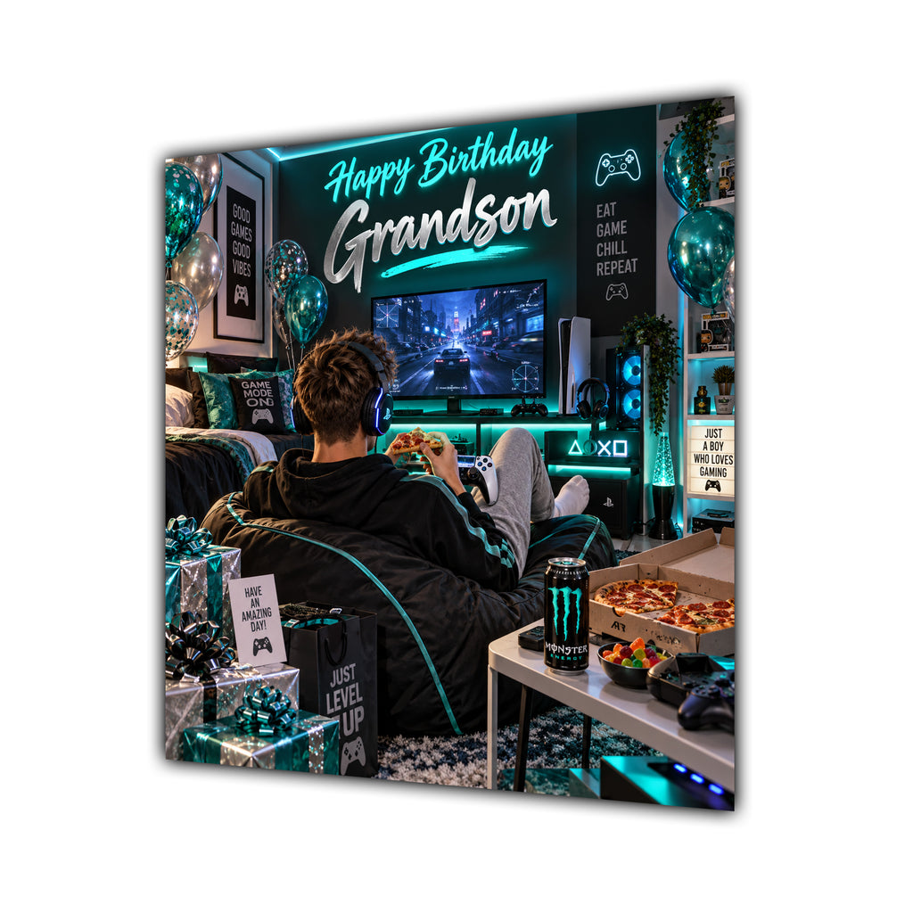Grandson Birthday Card Gamer Teal Room Gaming Chair