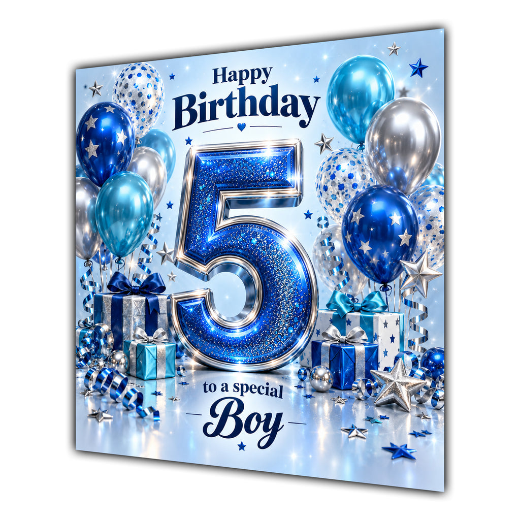 Boy 5th Birthday Card Blue Silver Balloons Stars