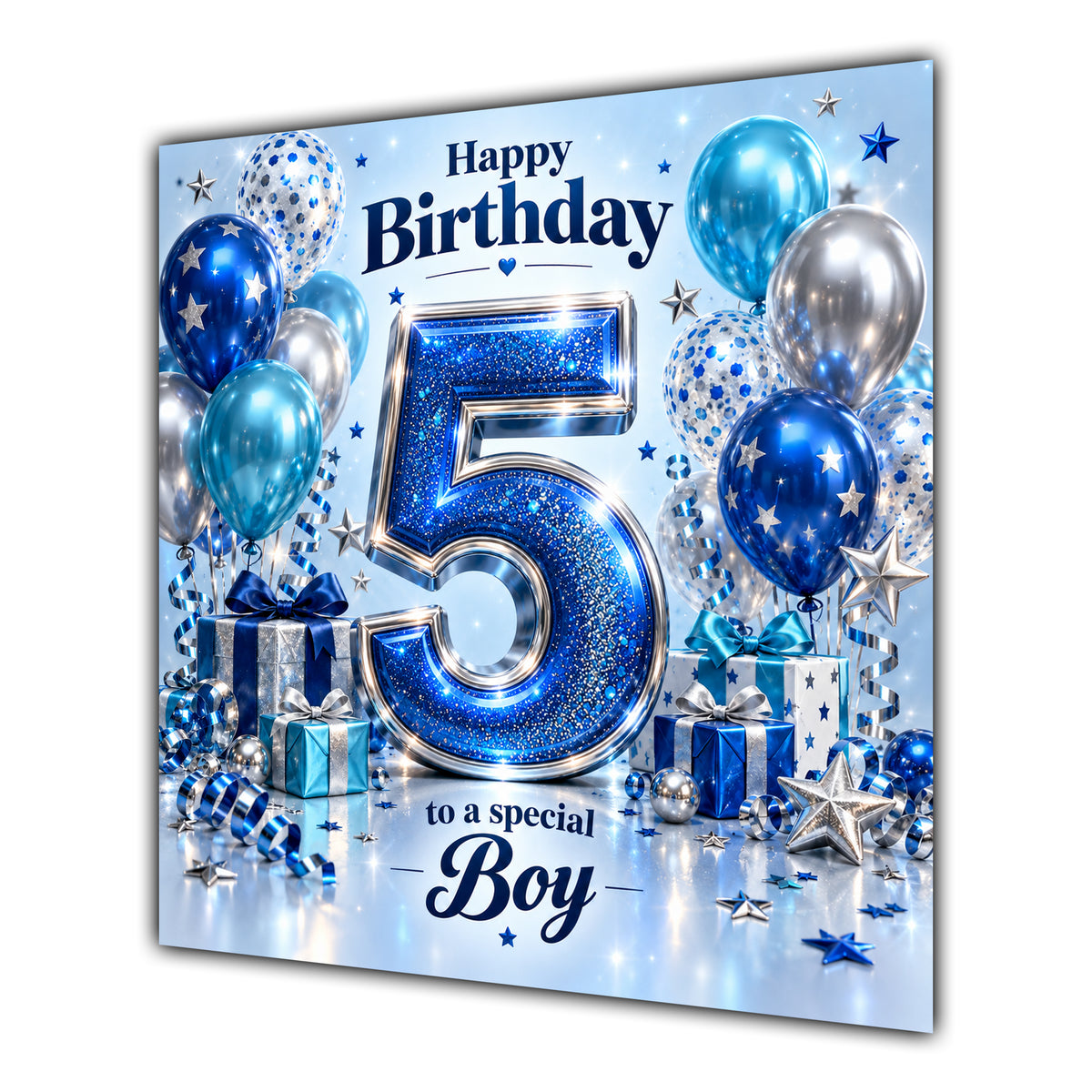 Boy 5th Birthday Card Blue Silver Balloons Stars