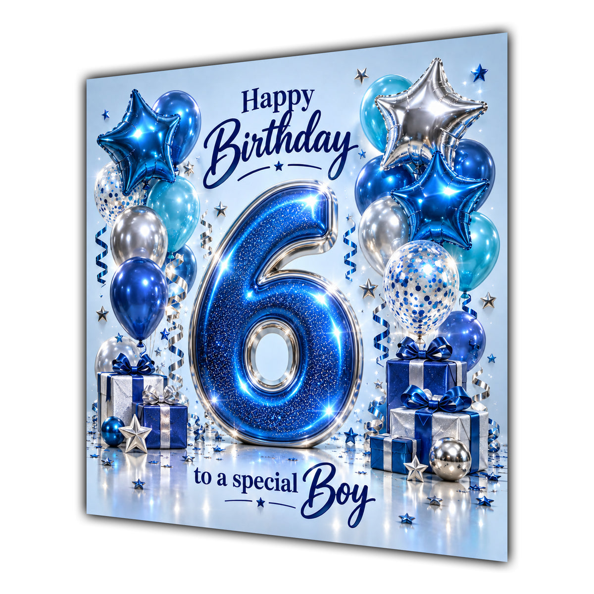 Boy 6th Birthday Card Blue Silver Balloons Stars