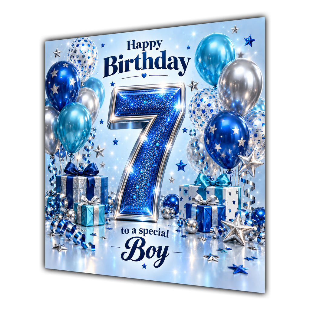 Boy 7th Birthday Card Blue Silver Balloons Stars