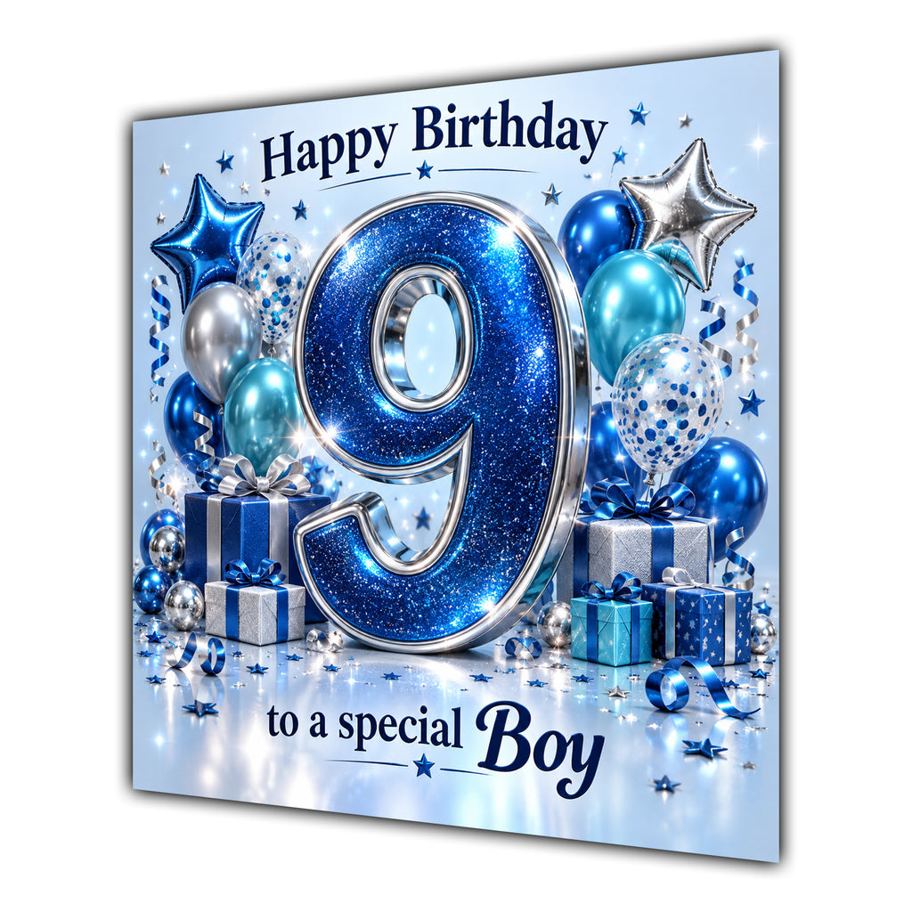 Boy 9th Birthday Card Blue Silver Balloons Stars