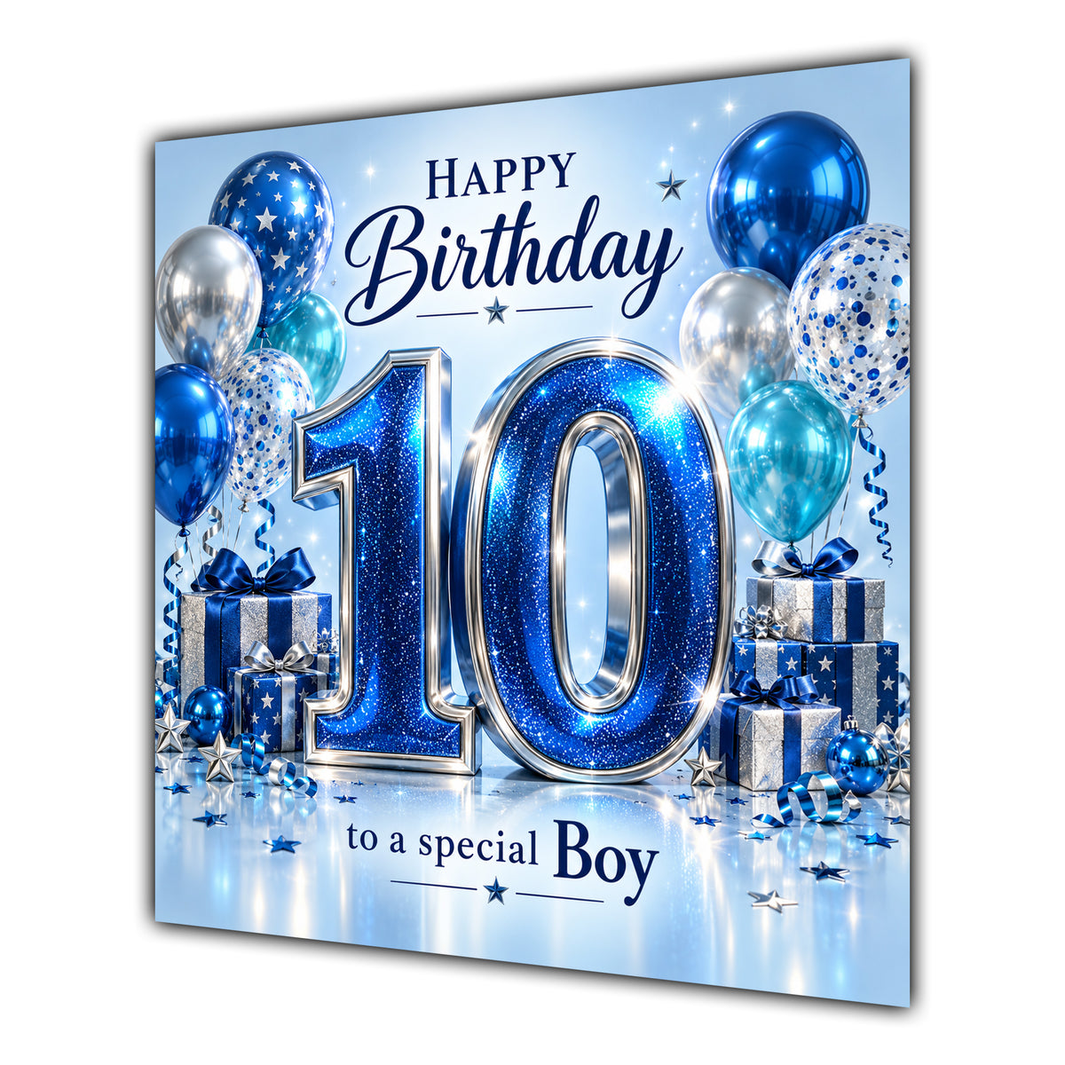 Boy 10th Birthday Card Blue Silver Balloons Stars