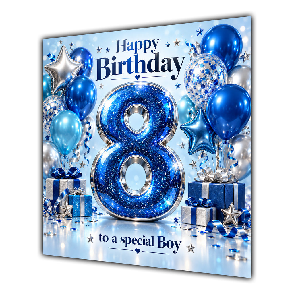 Boy 8th Birthday Card Blue Silver Balloons Stars