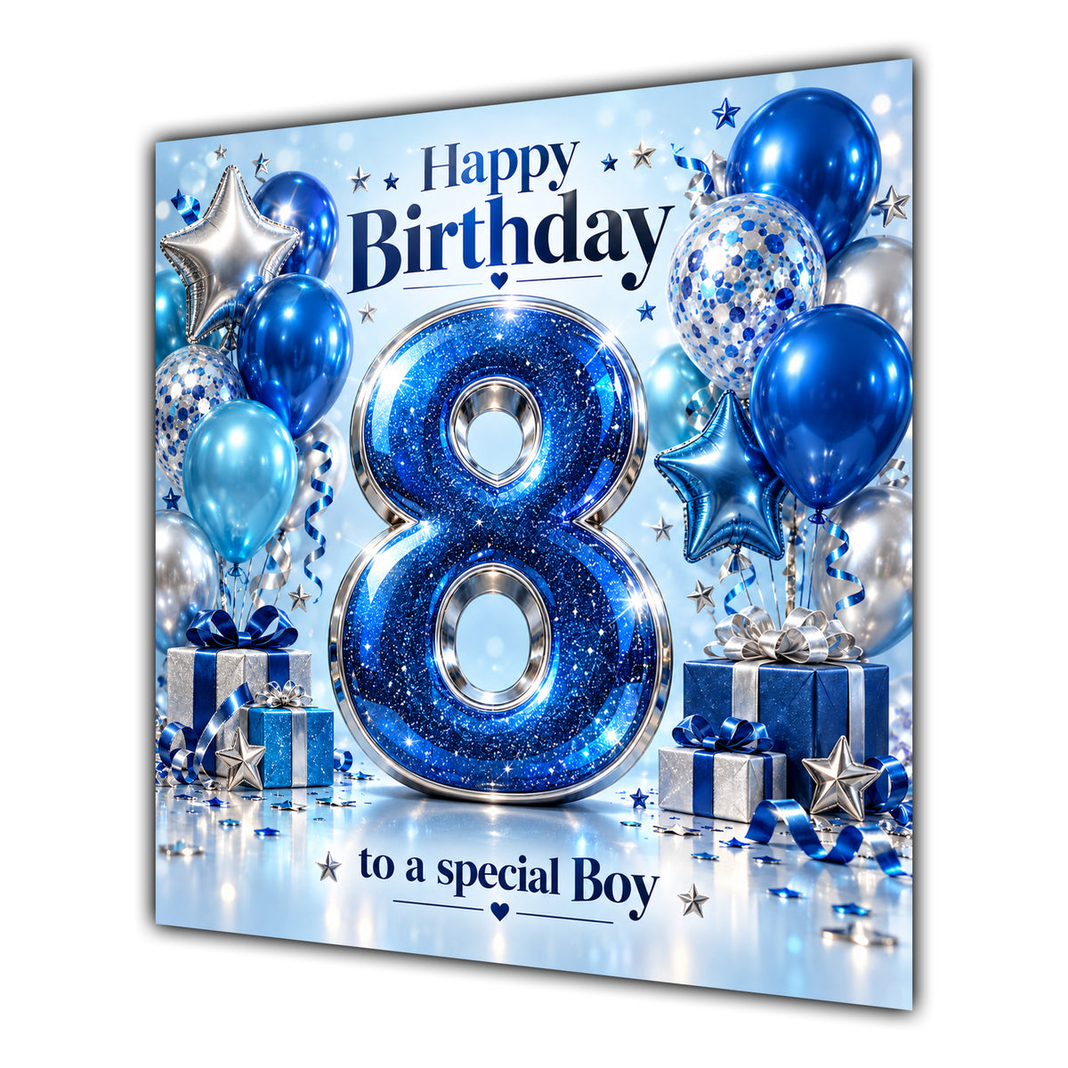 Boy 8th Birthday Card Blue Silver Balloons Stars