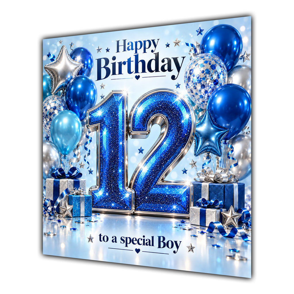 Boy 12th Birthday Card Blue Silver Balloons Stars