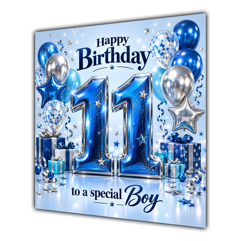 Boy 11th Birthday Card Blue Silver Balloons Stars