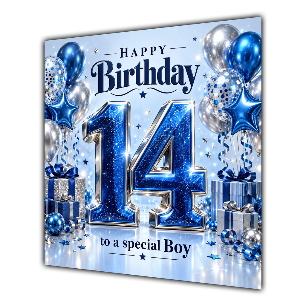 Boy 14th Birthday Card Blue Silver Balloons Stars