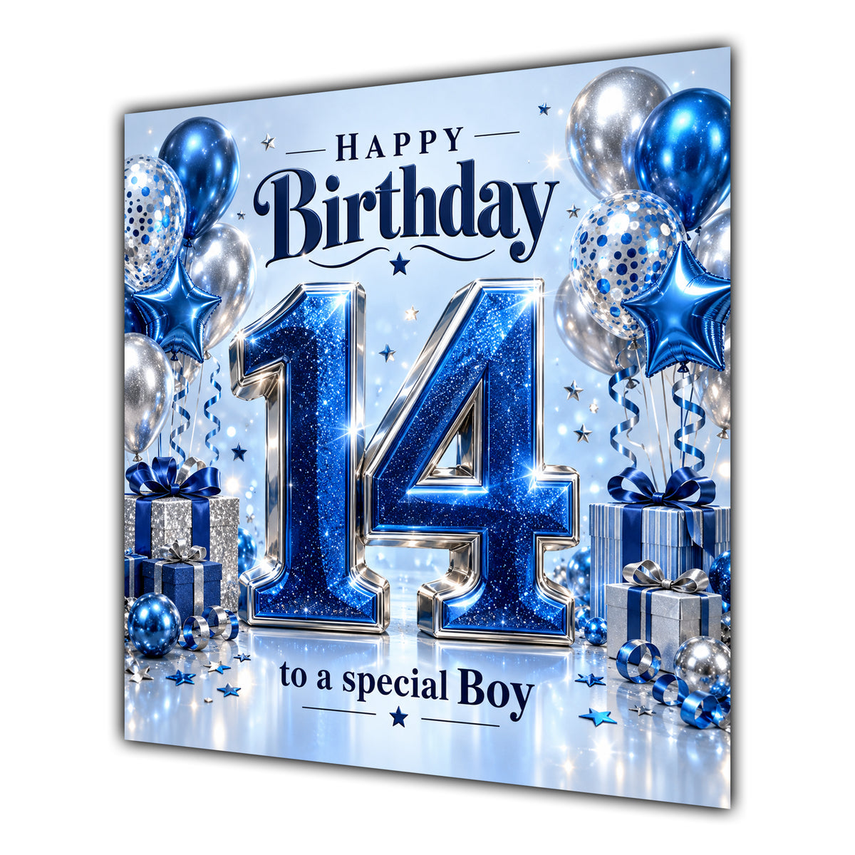 Boy 14th Birthday Card Blue Silver Balloons Stars