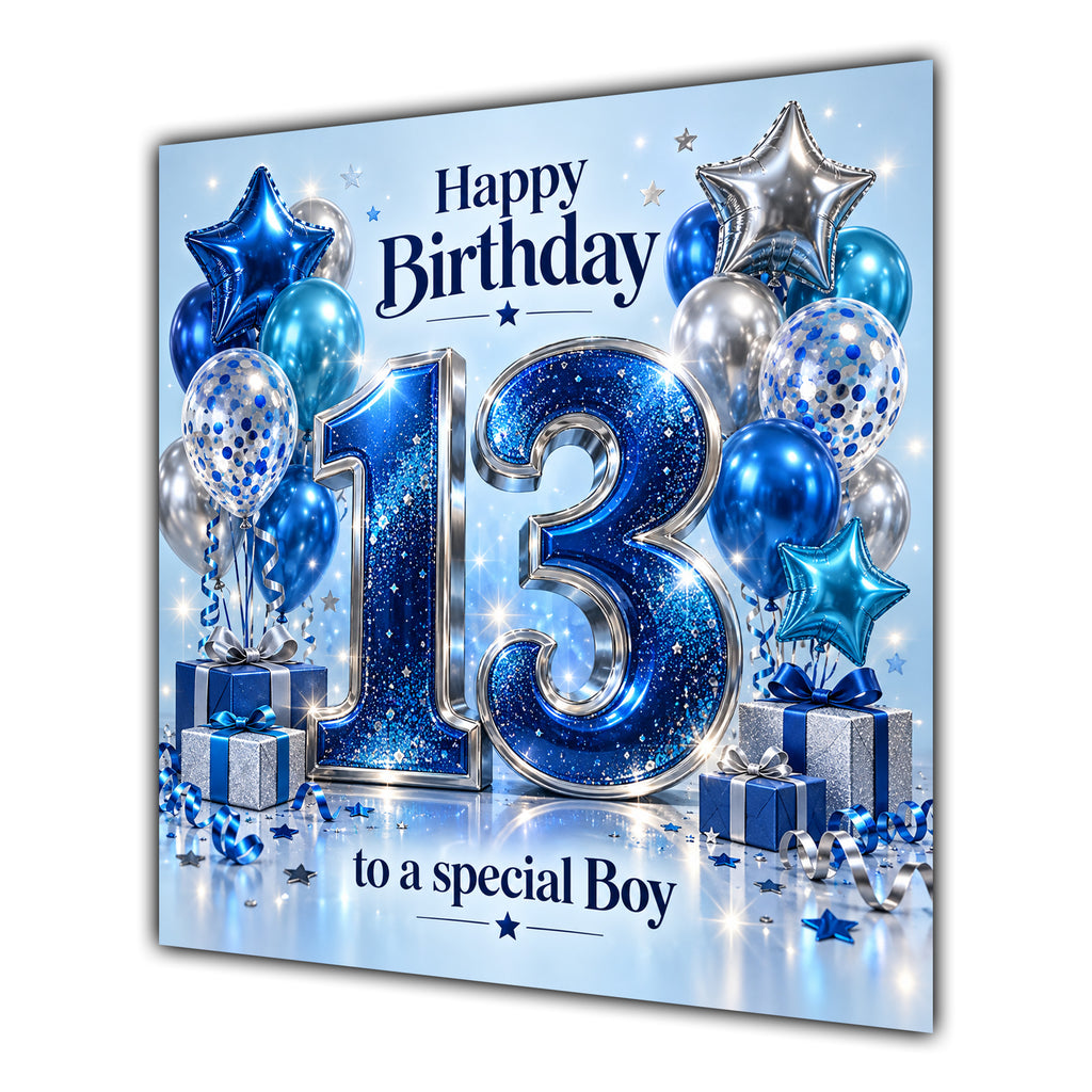 Boy 13th Birthday Card Blue Silver Balloons Stars
