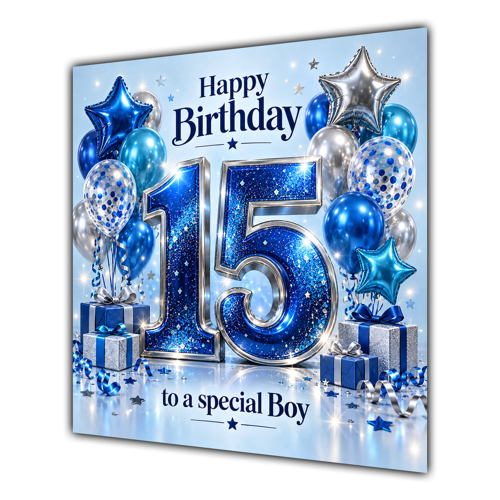 Boy 15th Birthday Card Blue Silver Balloons Stars