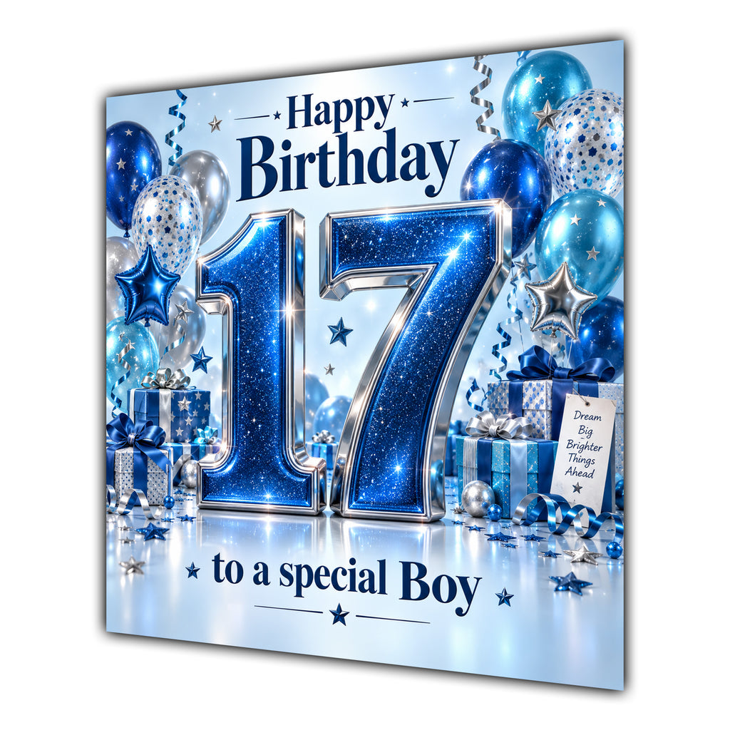 Boy 17th Birthday Card Blue Silver Balloons Stars