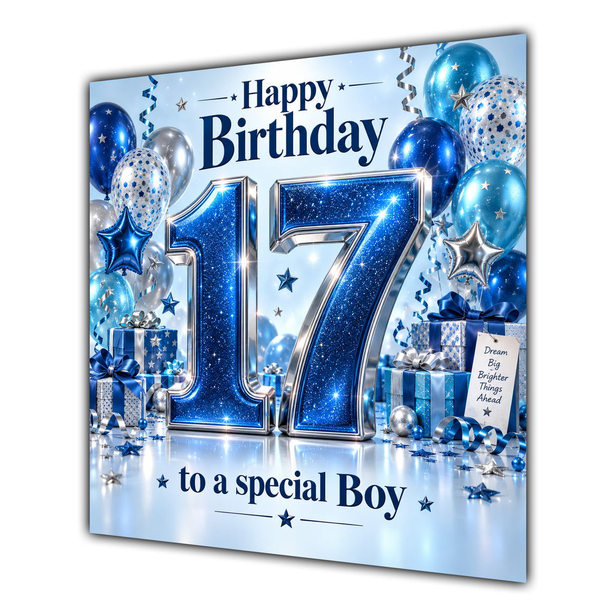 Boy 17th Birthday Card Blue Silver Balloons Stars
