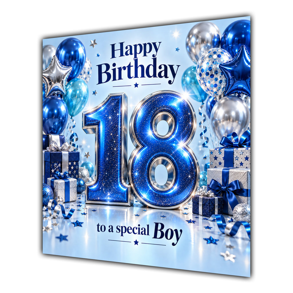 Boy 18th Birthday Card Blue Silver Balloons Stars