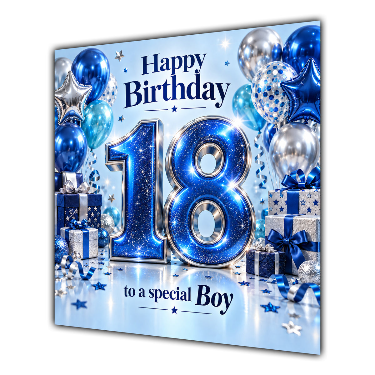 Boy 18th Birthday Card Blue Silver Balloons Stars