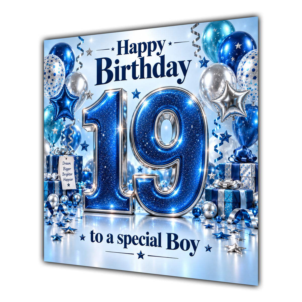 Boy 19th Birthday Card Blue Silver Balloons Stars