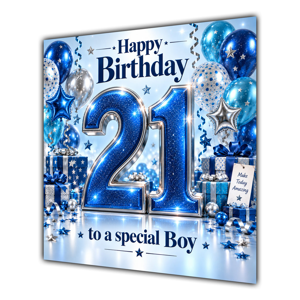 Boy 21st Birthday Card Blue Silver Balloons Stars