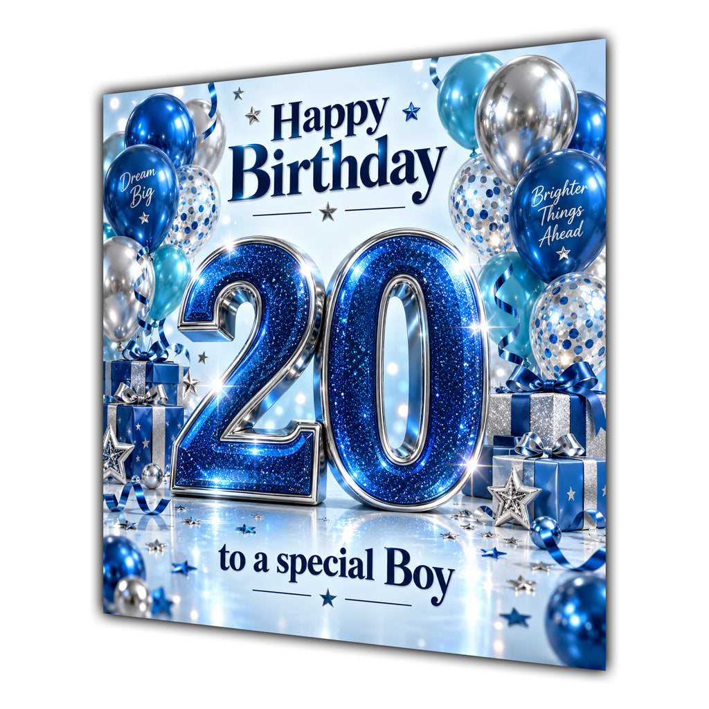 Boy 20th Birthday Card Blue Silver Balloons Stars
