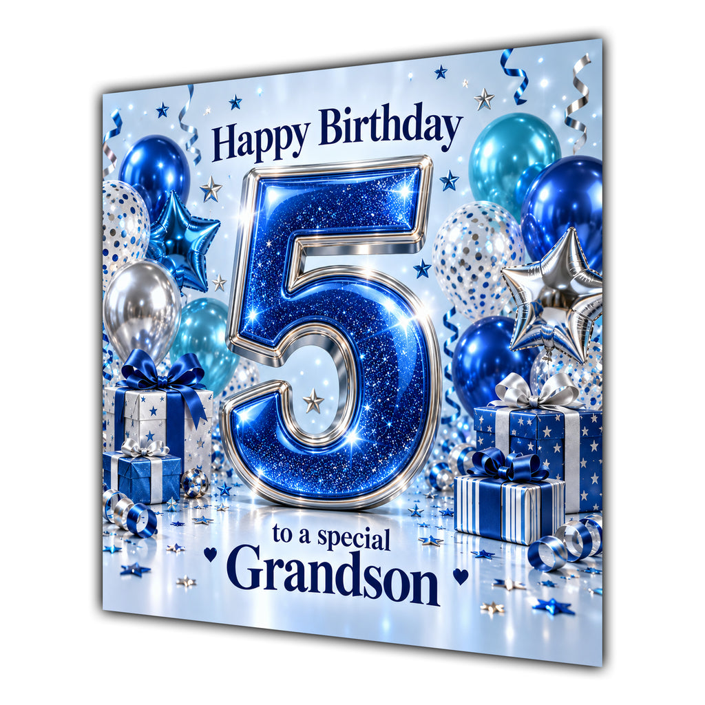 Grandson 5th Birthday Card Blue Silver Balloons Stars