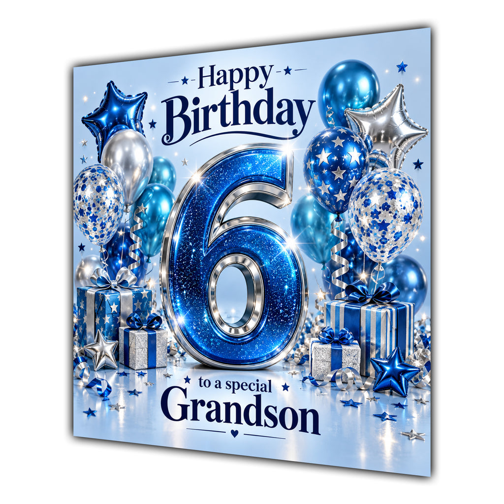 Grandson 6th Birthday Card Blue Silver Balloons Stars