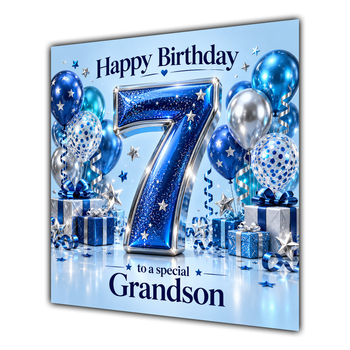 Grandson 7th Birthday Card Blue Silver Balloons Stars
