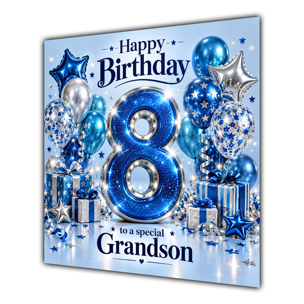 Grandson 8th Birthday Card Blue Silver Balloons Stars