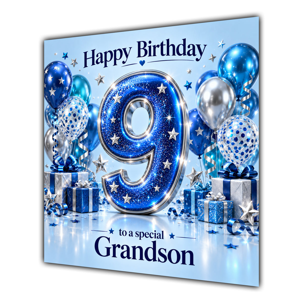 Grandson 9th Birthday Card Blue Silver Balloons Stars