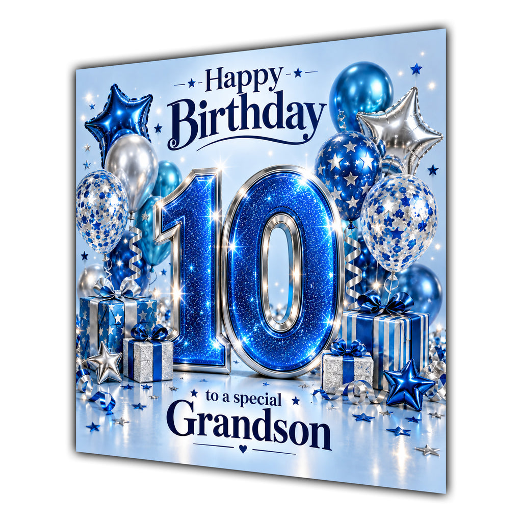 Grandson 10th Birthday Card Blue Silver Balloons Stars