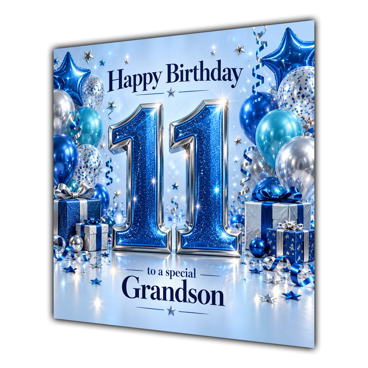 Grandson 11th Birthday Card Blue Silver Balloons Stars