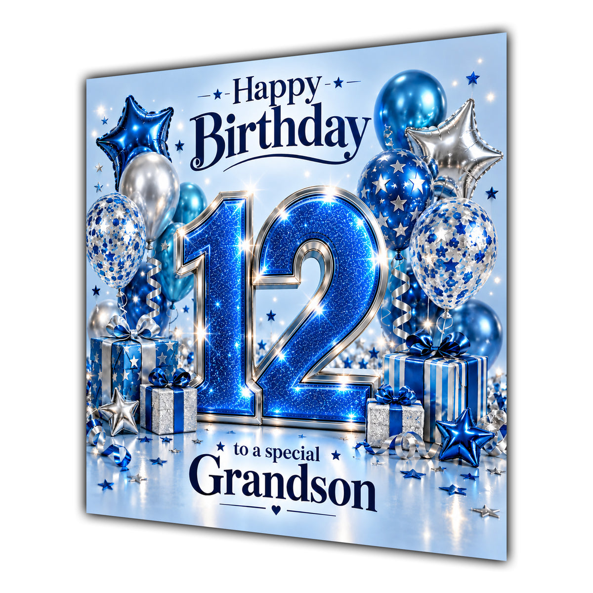 Grandson 12th Birthday Card Blue Silver Balloons Stars