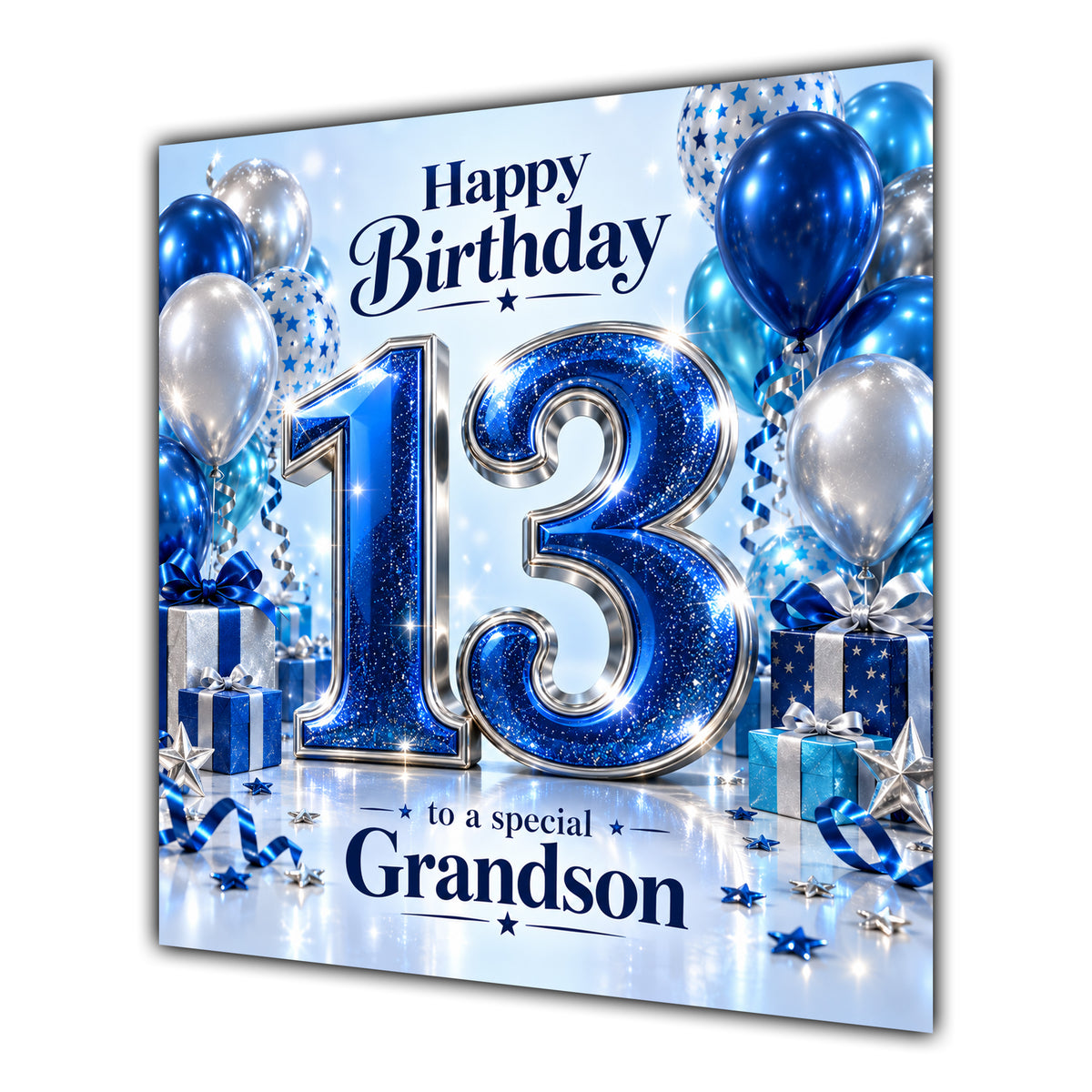 Grandson 13th Birthday Card Blue Silver Balloons Stars
