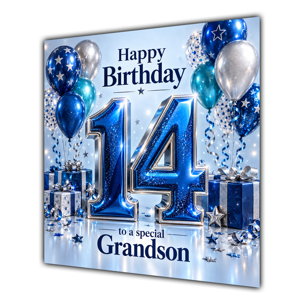 Grandson 14th Birthday Card Blue Silver Balloons Stars