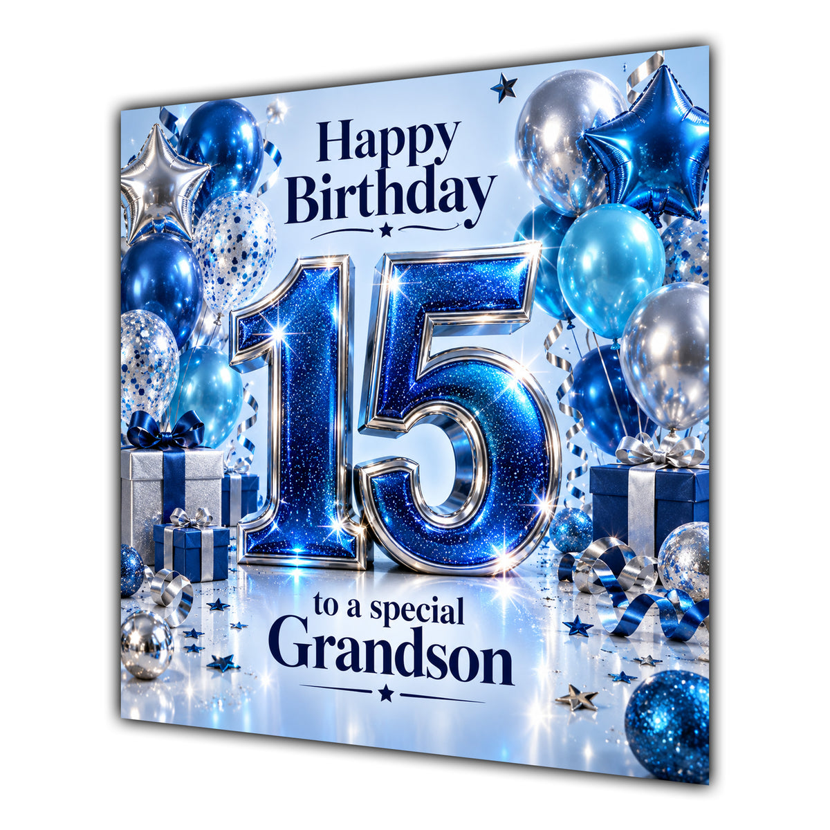 Grandson 15th Birthday Card Blue Silver Balloons Stars