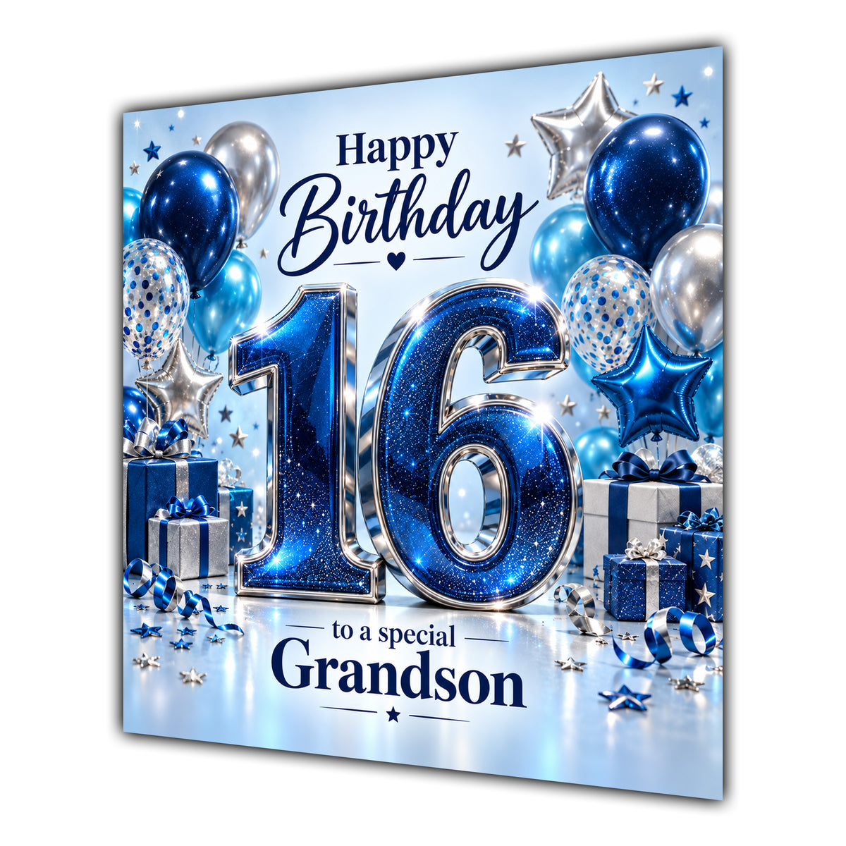 Grandson 16th Birthday Card Blue Silver Balloons Stars