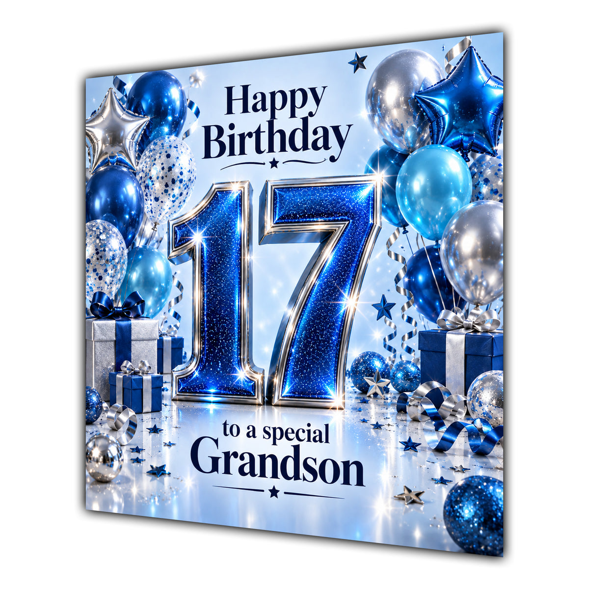 Grandson 17th Birthday Card Blue Silver Balloons Stars