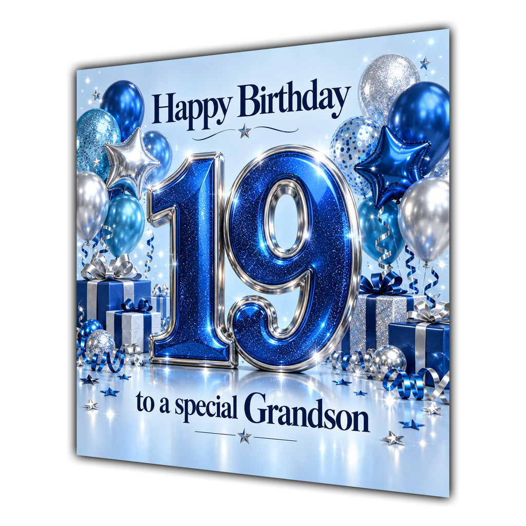 Grandson 19th Birthday Card Blue Silver Balloons Stars