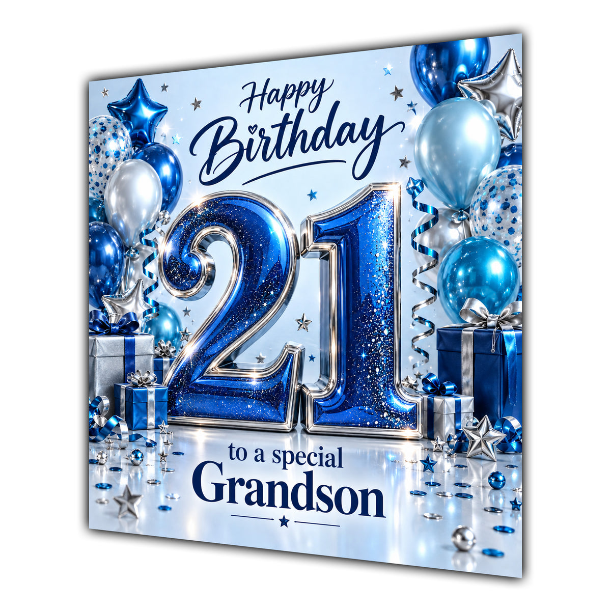 Grandson 21st Birthday Card Blue Silver Balloons Stars