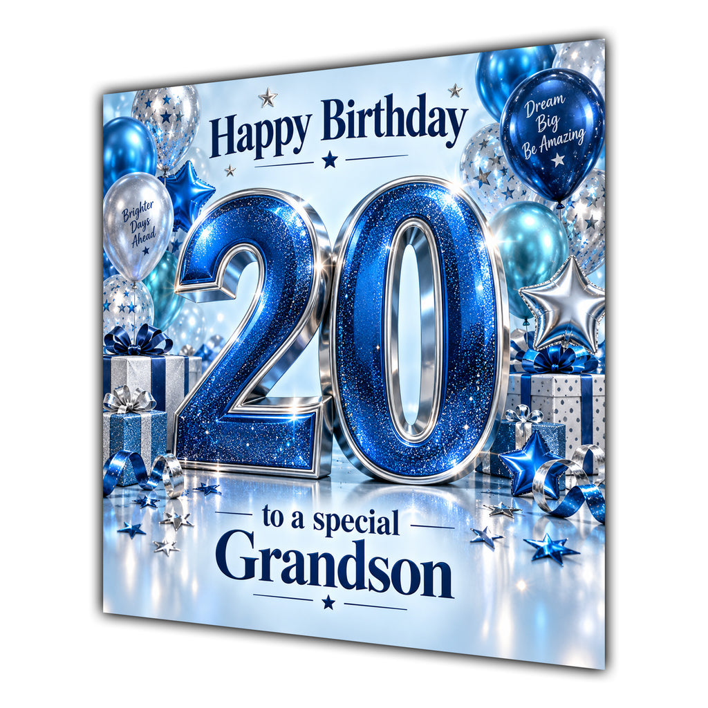 Grandson 20th Birthday Card Blue Silver Balloons Stars