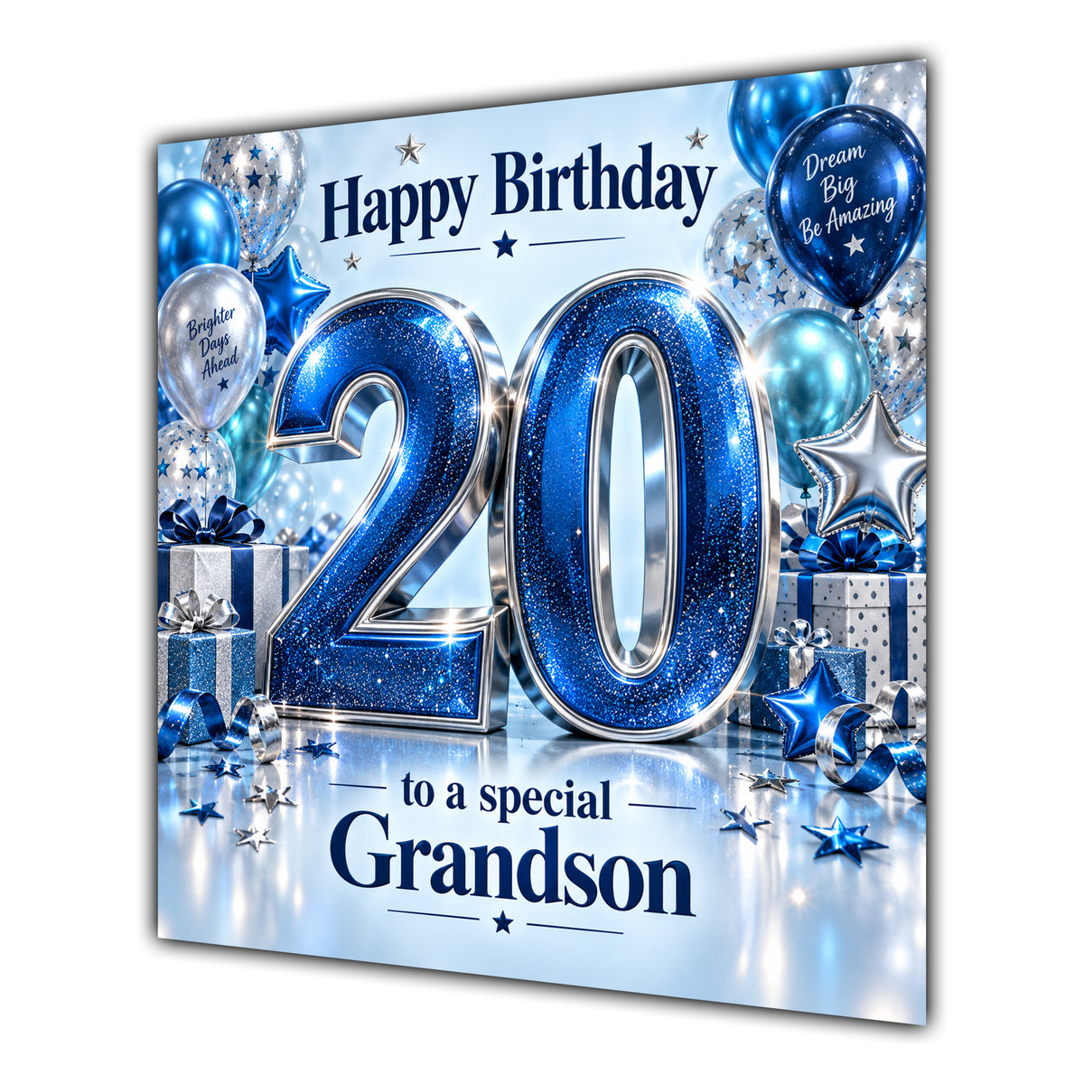 Grandson 20th Birthday Card Blue Silver Balloons Stars