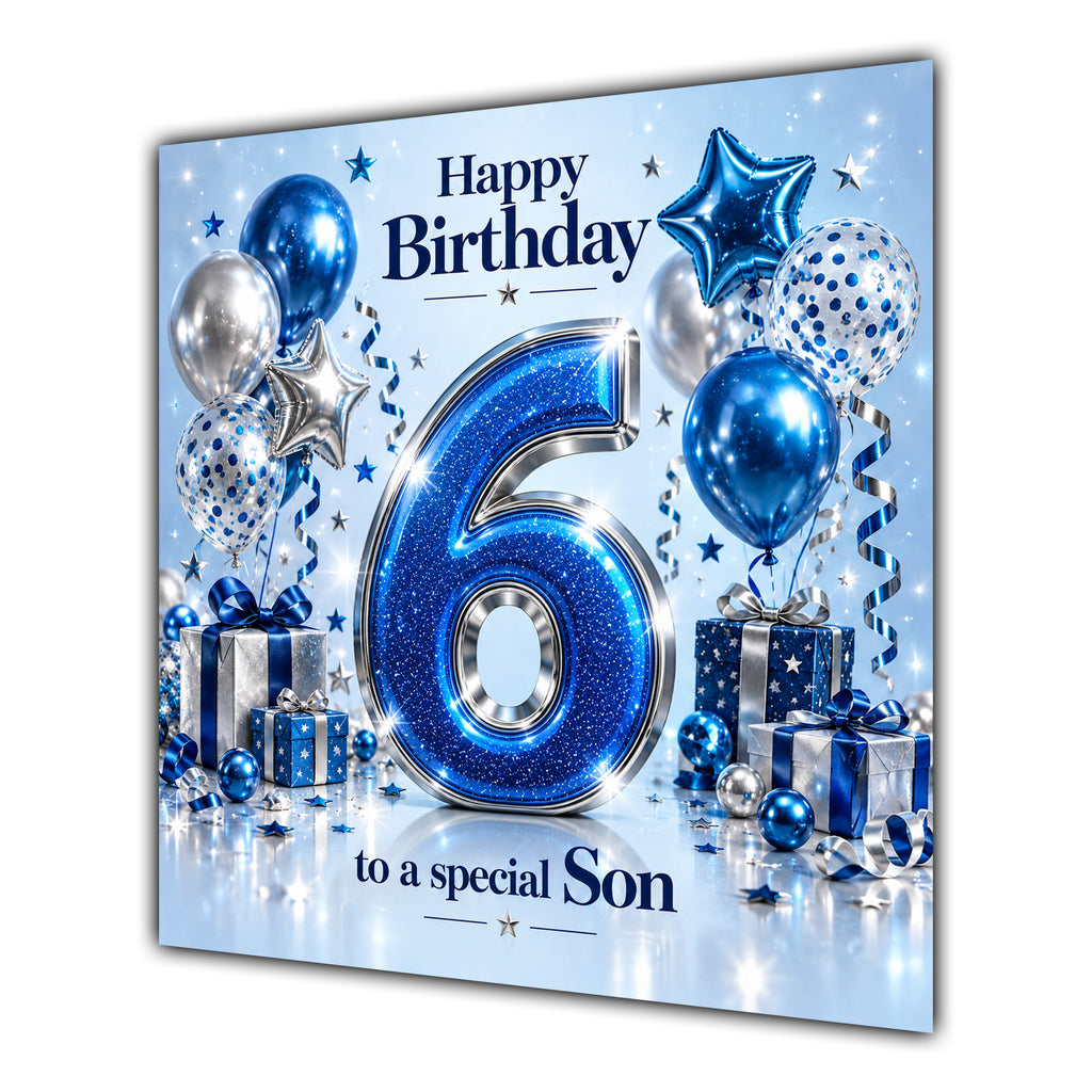 Son 6th Birthday Card Blue Silver Balloons Stars